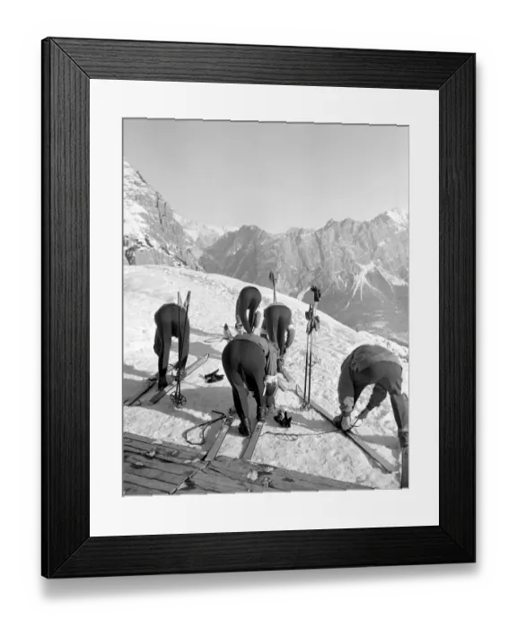 Framed Print : Skiers Lacing Up For a Practice Run Framed Print : Skiers Lacing Up For a Practice Run
