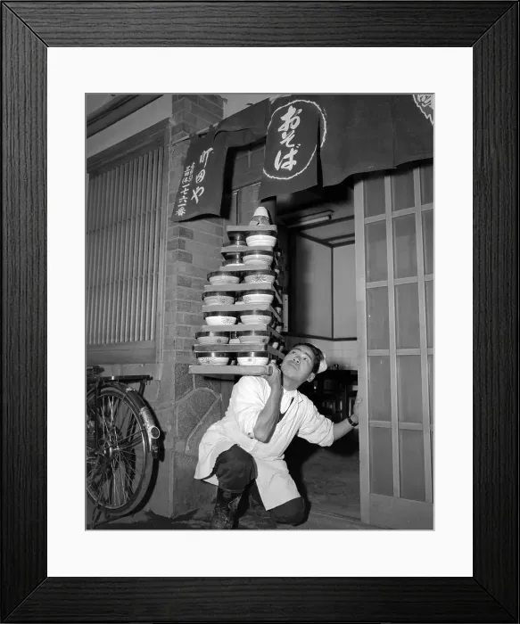 Framed Print : Senichi Okashita Going Through Doorway with Noodle Bowls Framed Print : Senichi Okashita Going Through Doorway with Noodle Bowls