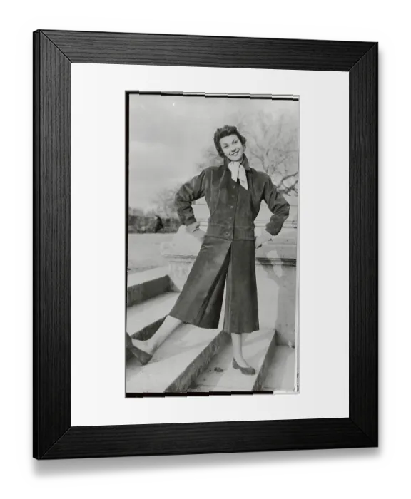 Framed Print : Model Wearing Suede Skirt-Pants and Jacket Framed Print : Model Wearing Suede Skirt-Pants and Jacket
