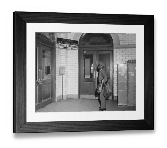 Framed Print : African American Soldier Reads Segregated Terminal Sign Framed Print : African American Soldier Reads Segregated Terminal Sign