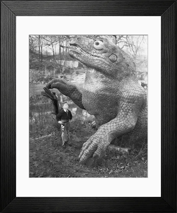 Framed Print : John Burwood Looking at a Dinosaur Sculpture Framed Print : John Burwood Looking at a Dinosaur Sculpture