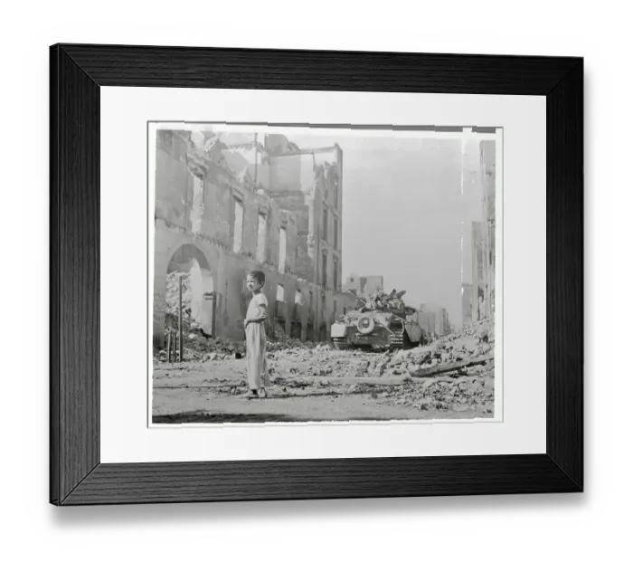 Framed Print : Boy Standing in War Torn Street