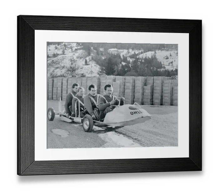 Framed Print : German Bobsled Team Practicing on Wheels Framed Print : German Bobsled Team Practicing on Wheels