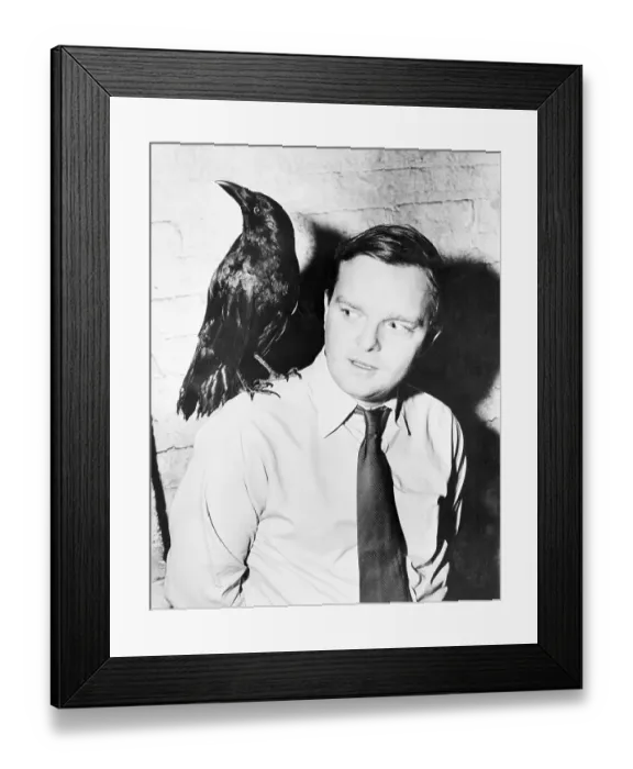 Framed Print : Truman Capote with Crow on Shoulder Framed Print : Truman Capote with Crow on Shoulder
