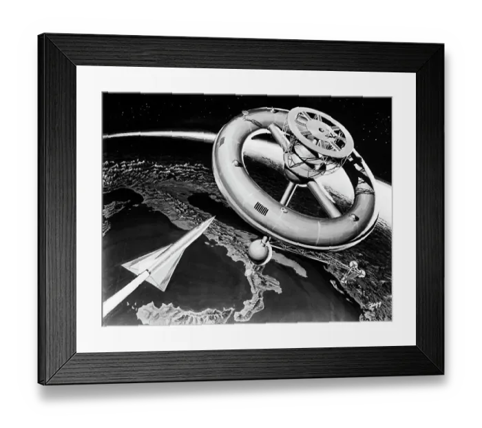 Framed Print : Illustration of a Rocket Ship Reaching a Space Station by Ken Fagg Framed Print : Illustration of a Rocket Ship Reaching a Space Station by Ken Fagg