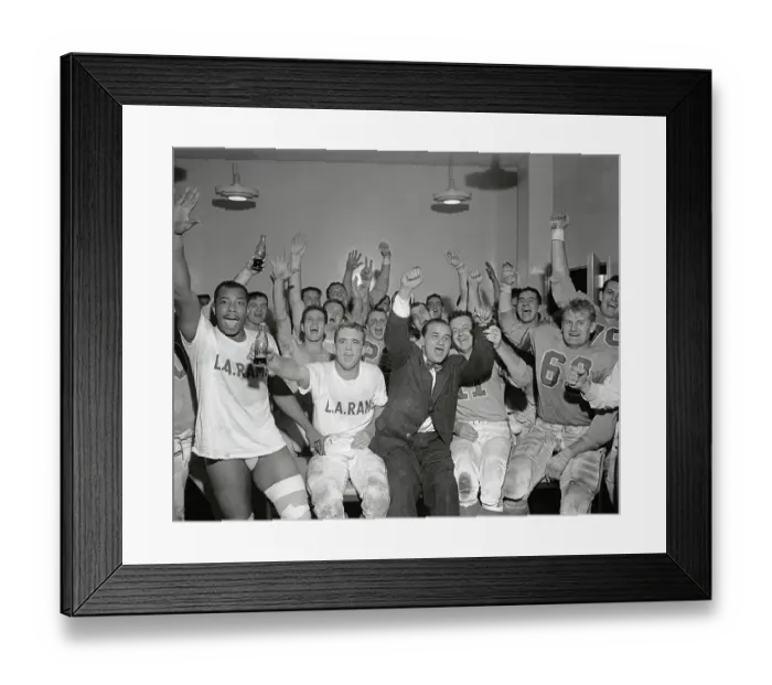 Framed Print : Sid Gillman and Rams Yelling and Holding Arms in the Air Framed Print : Sid Gillman and Rams Yelling and Holding Arms in the Air