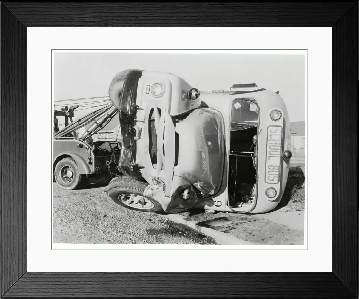 Framed Print : View of School Bus After Crashing