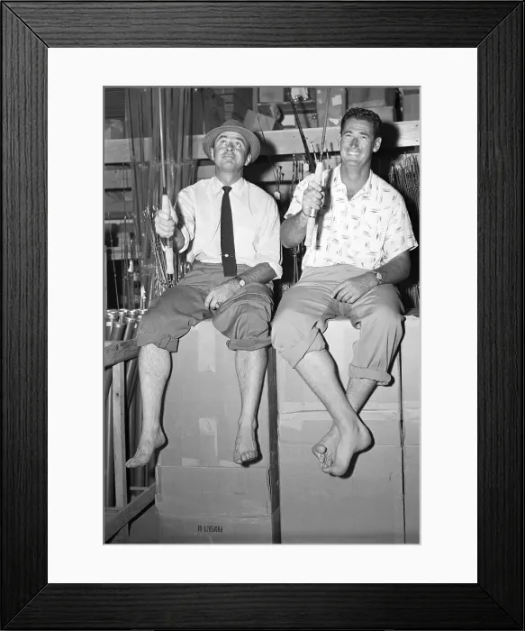 Framed Print : Sam Snead and Ted Williams Sitting with Rolled up Pants and Holding Fishing Rods Framed Print : Sam Snead and Ted Williams Sitting with Rolled up Pants and Holding Fishing Rods