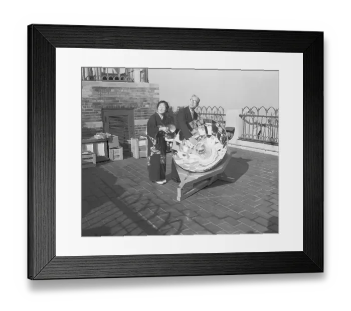 Framed Print : Japanese Couple Preparing to Cook Food with Solar Cooker