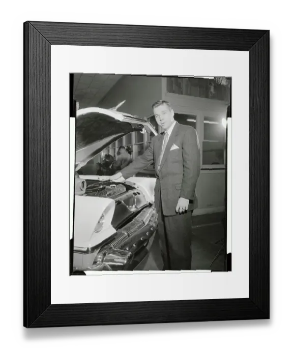 Framed Print : Frank House Standing Near Car with Opened Hood Framed Print : Frank House Standing Near Car with Opened Hood