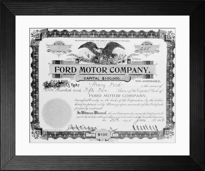 Framed Print : View of Stock Certificate Owned by Henry Ford Framed Print : View of Stock Certificate Owned by Henry Ford