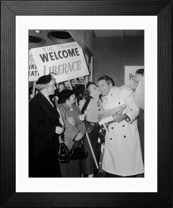 Framed Print : Liberace Holding Miniature Piano and Greeting Fans Framed Print : Liberace Holding Miniature Piano and Greeting Fans