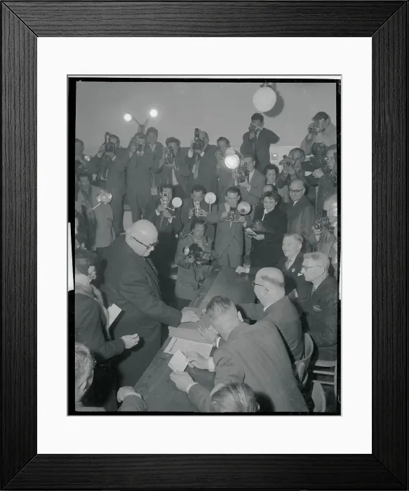 Framed Print : Cameramen Photographing Saar Premier Casting a Ballot