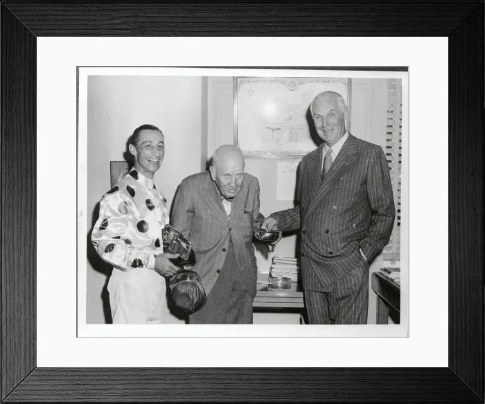 Framed Print : Eddie Arcaro and Trainer Being Awarded for Race