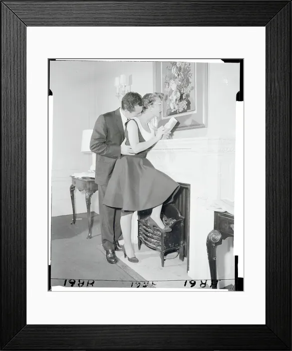 Framed Print : Betty Garrett and Husband Cuddling at Fireplace Framed Print : Betty Garrett and Husband Cuddling at Fireplace