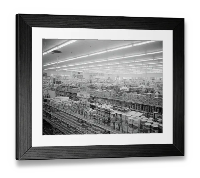 Framed Print : Interior View of Supermarket, 1955 Framed Print : Interior View of Supermarket, 1955