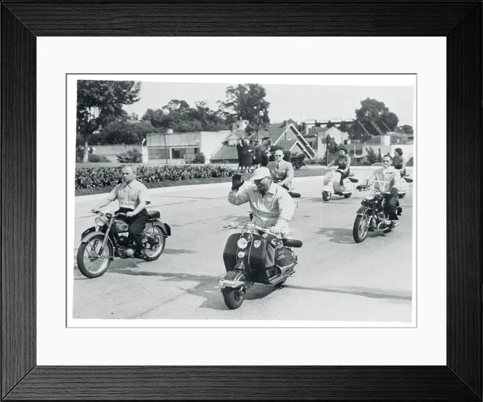 Framed Print : Juan Peron Leading a Motor Scooter Parade Framed Print : Juan Peron Leading a Motor Scooter Parade