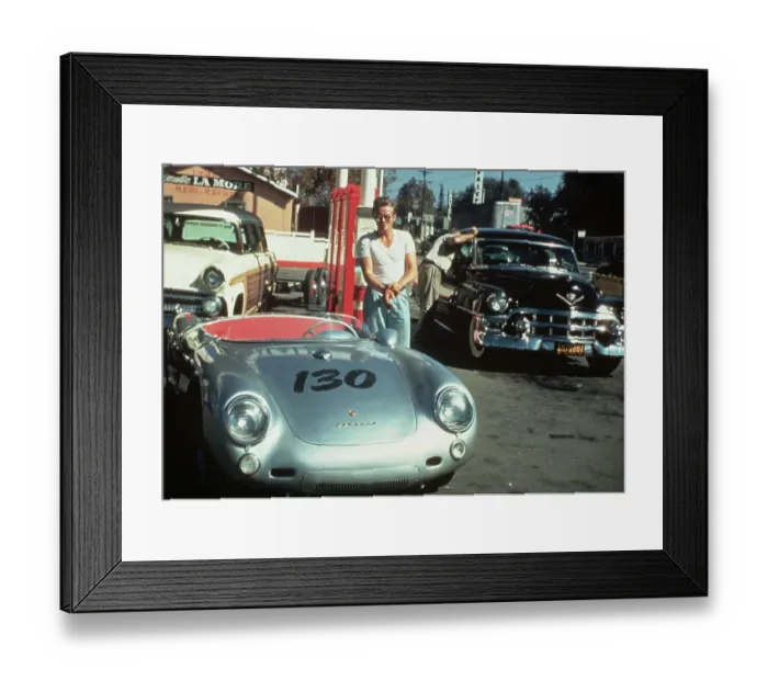 Framed Print : James Dean with Silver Porsche Framed Print : James Dean with Silver Porsche