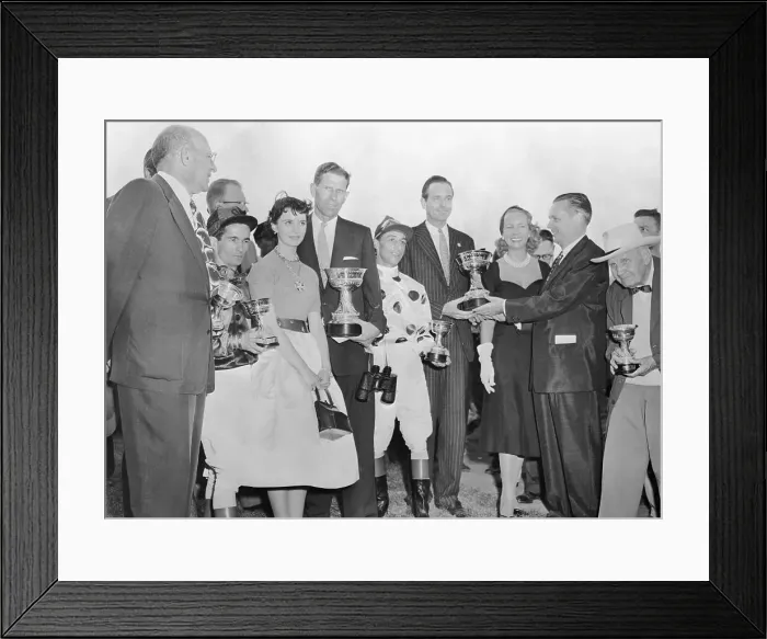 Framed Print : Eddie Arcaro and Willie Shoemaker Receiving Trophies Framed Print : Eddie Arcaro and Willie Shoemaker Receiving Trophies