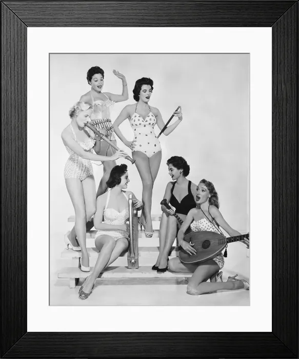 Framed Print : Actresses Playing 16th Century Instruments in Swimsuits