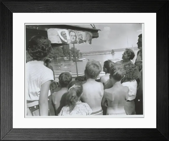 Framed Print : Children Gazing at Portraits of Big Four of Geneva Summit