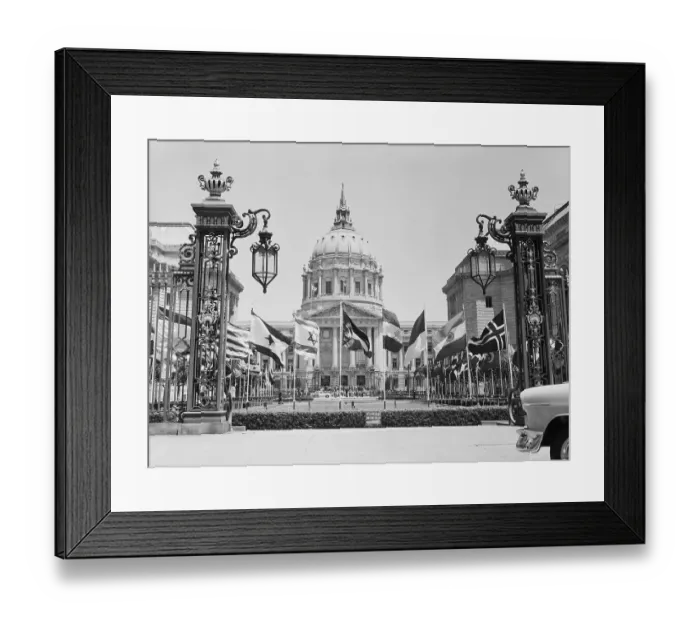 Framed Print : Exquisite Exterior of Building with Flags Framed Print : Exquisite Exterior of Building with Flags