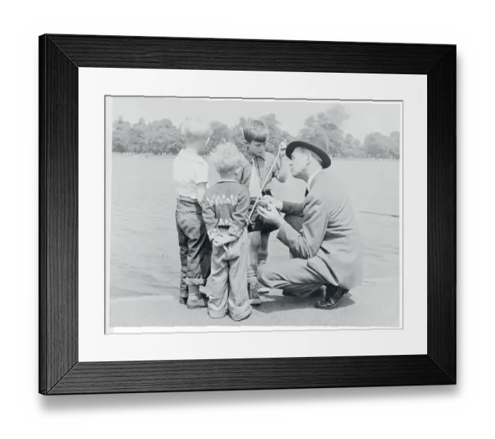 Framed Print : Actor Jimmy Stewart with Boys at Pond Framed Print : Actor Jimmy Stewart with Boys at Pond