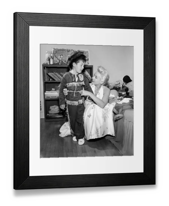 Framed Print : Boy Getting Dressed as Davy Crockett