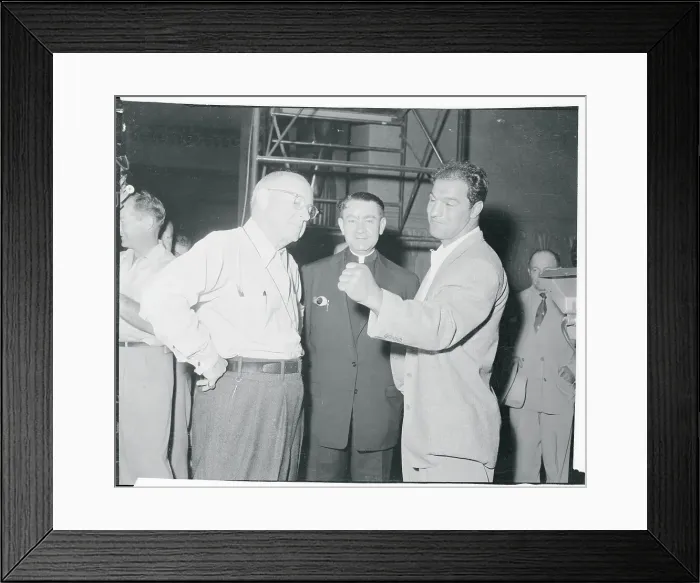 Framed Print : Cecil B. DeMille Conversing With Rocky Marciano and Priest Framed Print : Cecil B. DeMille Conversing With Rocky Marciano and Priest