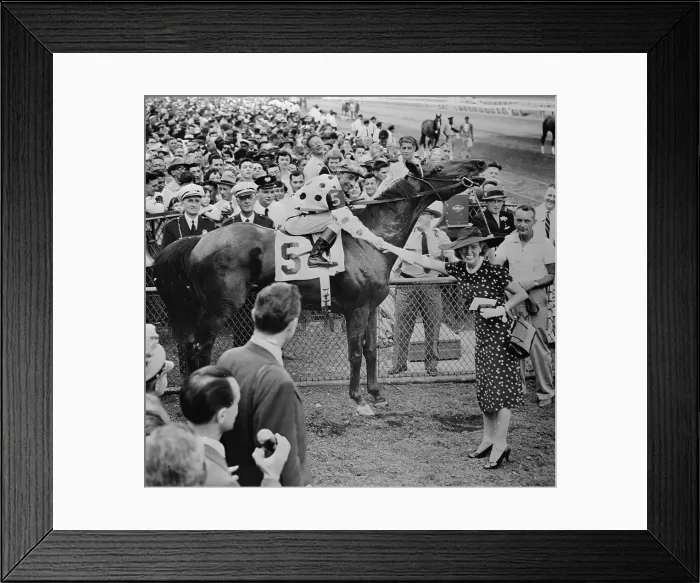 Framed Print : Eddie Arcaro on Nashua in Winners Circle with Crowd Behind Framed Print : Eddie Arcaro on Nashua in Winners Circle with Crowd Behind