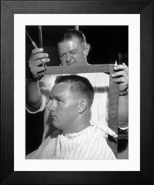 Framed Print : Barber Using Carpenter's Square on Customer Framed Print : Barber Using Carpenter's Square on Customer