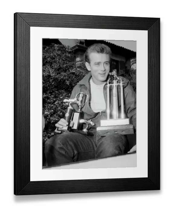 Framed Print : James Dean Holding Trophies for Racing Framed Print : James Dean Holding Trophies for Racing