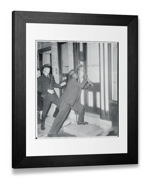 Framed Print : Detective Smashing Door with Sledge Hammer Framed Print : Detective Smashing Door with Sledge Hammer