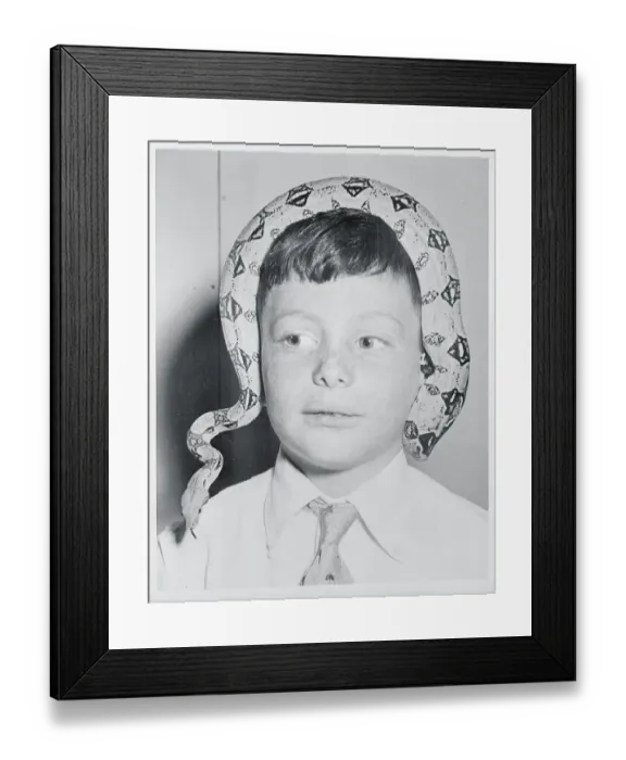Framed Print : Boy With Snake on Head Framed Print : Boy With Snake on Head