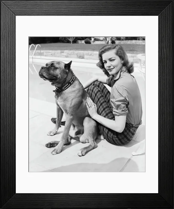 Framed Print : Lauren Bacall Seated W / Dog Poolside Framed Print : Lauren Bacall Seated W / Dog Poolside