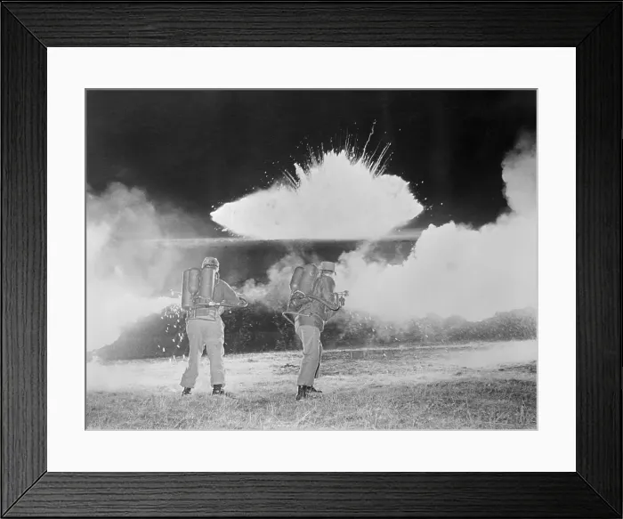 Framed Print : Soldiers Demonstrating Use of Flame Throwers Framed Print : Soldiers Demonstrating Use of Flame Throwers