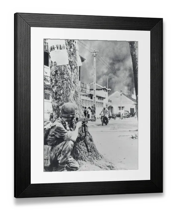 Framed Print : French Soldier Crouching Behind a Tree, Saigon 1955 Framed Print : French Soldier Crouching Behind a Tree, Saigon 1955