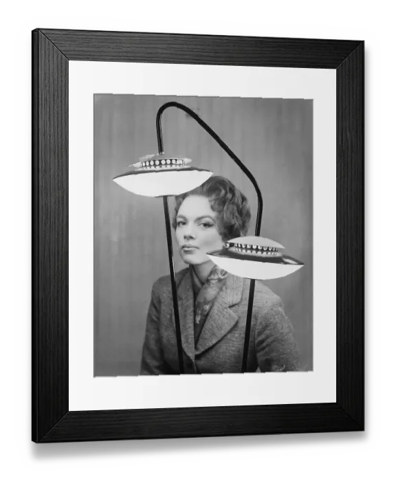 Framed Print : Woman Posing with Flying Saucer Lamp Framed Print : Woman Posing with Flying Saucer Lamp