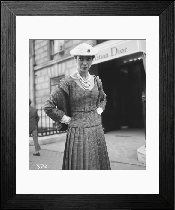 Framed Print : Model Posing In Plaid Dior Suit