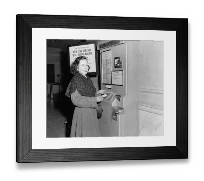 Framed Print : Woman Using New Subway Ticket Machine in Grand Central Terminal