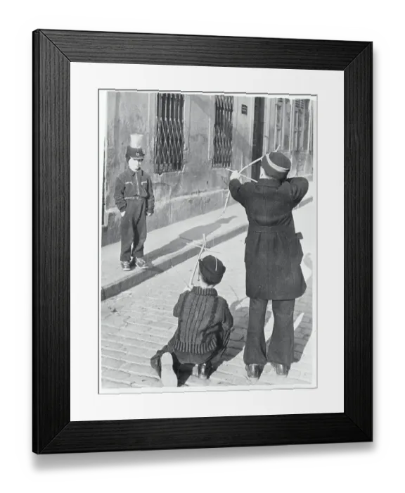 Framed Print : Child Wearing a Can on His Head for a Target Framed Print : Child Wearing a Can on His Head for a Target