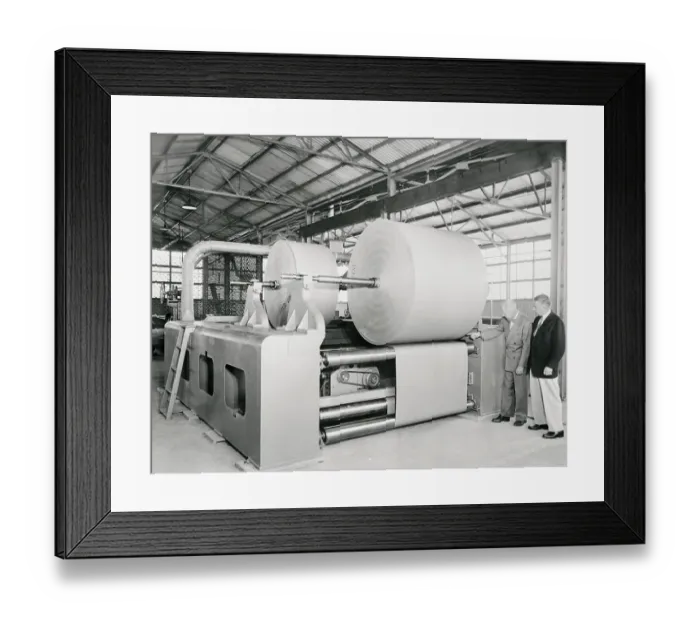Framed Print : Philip J. McGuire and Edwin Hoyt Inspecting Paper Splicer Framed Print : Philip J. McGuire and Edwin Hoyt Inspecting Paper Splicer
