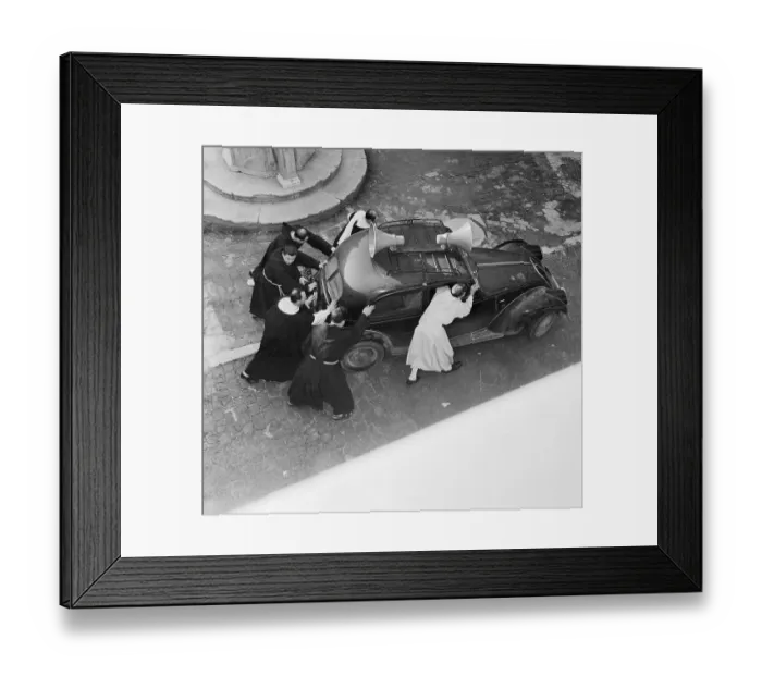Framed Print : Monks Pushing a Car Framed Print : Monks Pushing a Car