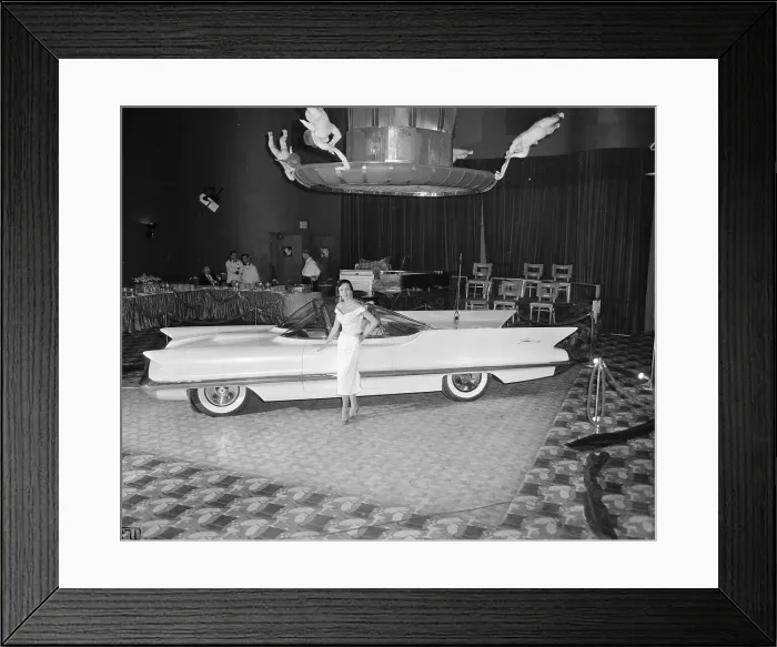 Framed Print : Model Standing Next to Lincoln Futura Automobile Framed Print : Model Standing Next to Lincoln Futura Automobile