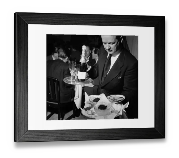 Framed Print : Waiter Holds Platters of Caviar and Champagne Framed Print : Waiter Holds Platters of Caviar and Champagne