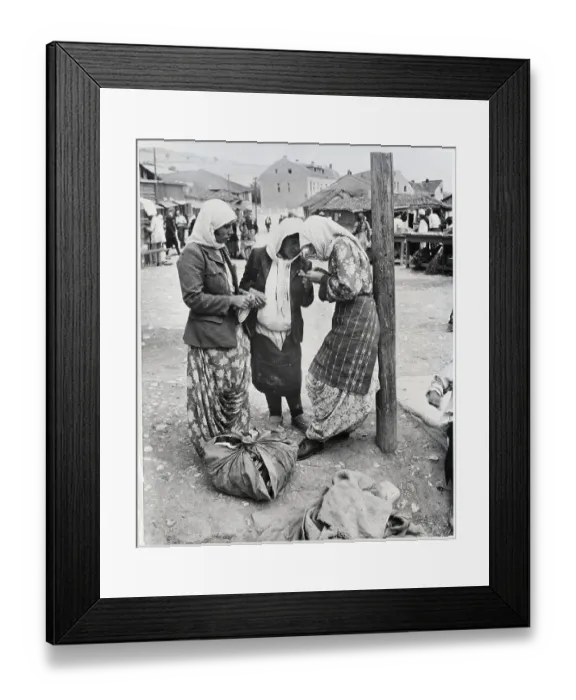 Framed Print : Three Moslem Women Compare Purchases Framed Print : Three Moslem Women Compare Purchases