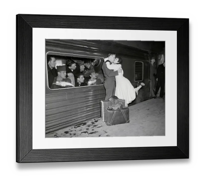 Framed Print : Woman Kissing GI Goodbye on Train Platform