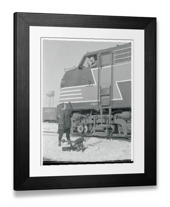 Framed Print : Woman on Ground Greeting Train Engineer Framed Print : Woman on Ground Greeting Train Engineer