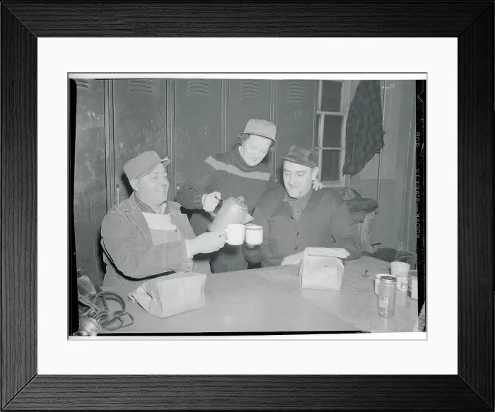 Framed Print : Railroad Workers Making a Toast with Mugs Framed Print : Railroad Workers Making a Toast with Mugs