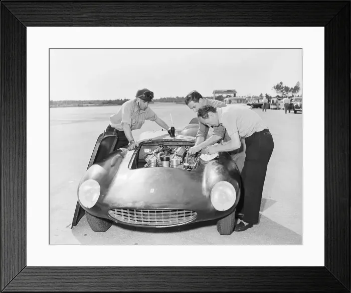Framed Print : Mechanics Checking the Marquis de Portago's Car Framed Print : Mechanics Checking the Marquis de Portago's Car